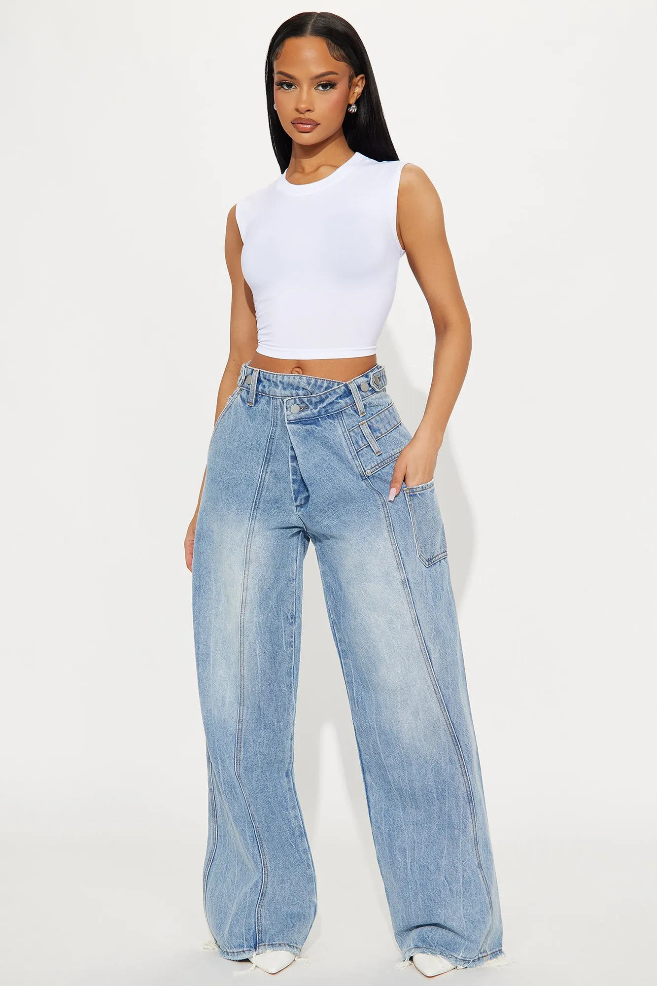 All The Best Womens Crossover Loose Wide Leg Jeans - Light Wash