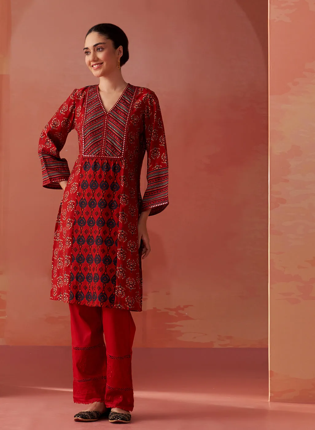 Arayna Red Printed Chanderi Kurta for Women