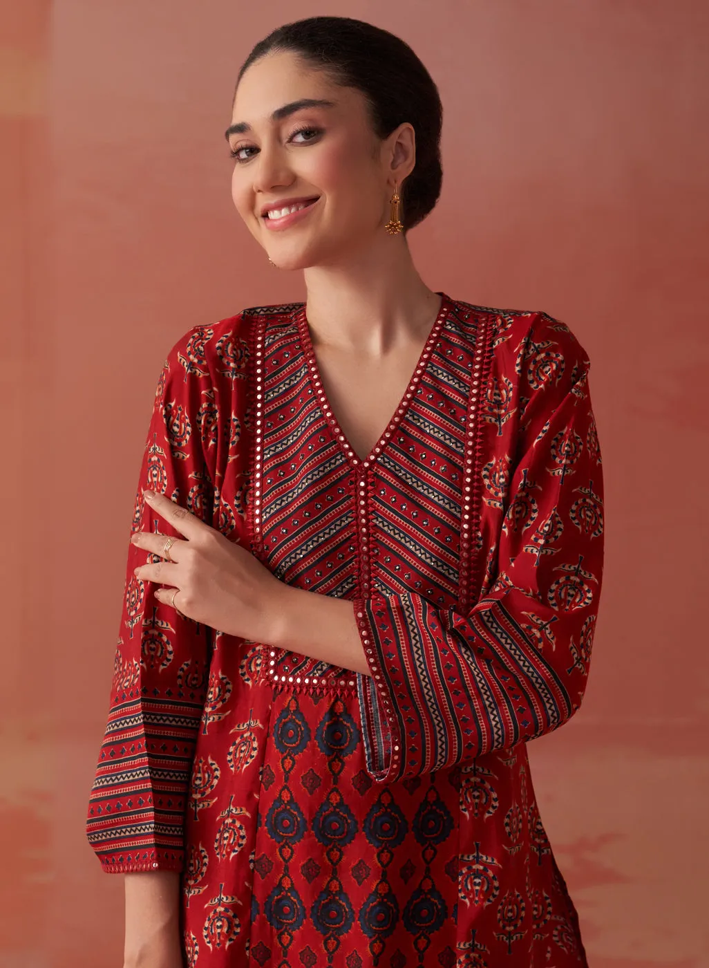Arayna Red Printed Chanderi Kurta for Women