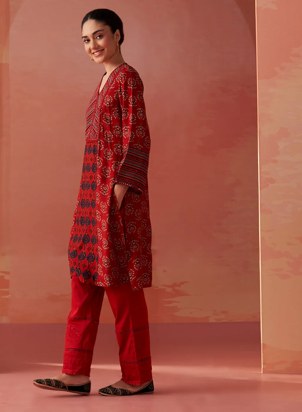 Arayna Red Printed Chanderi Kurta for Women
