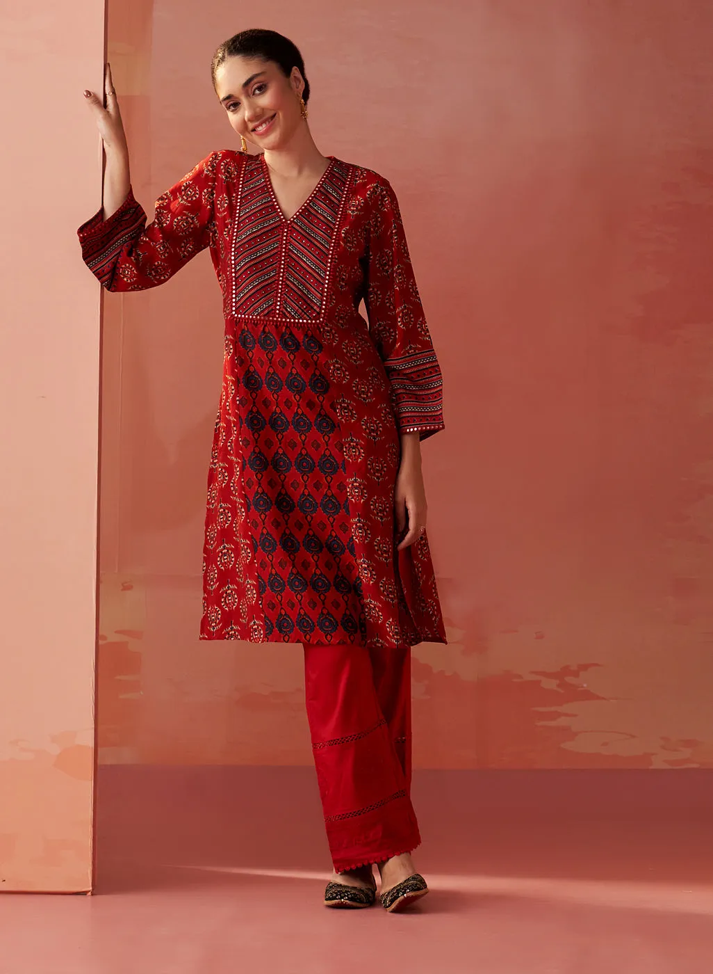 Arayna Red Printed Chanderi Kurta for Women