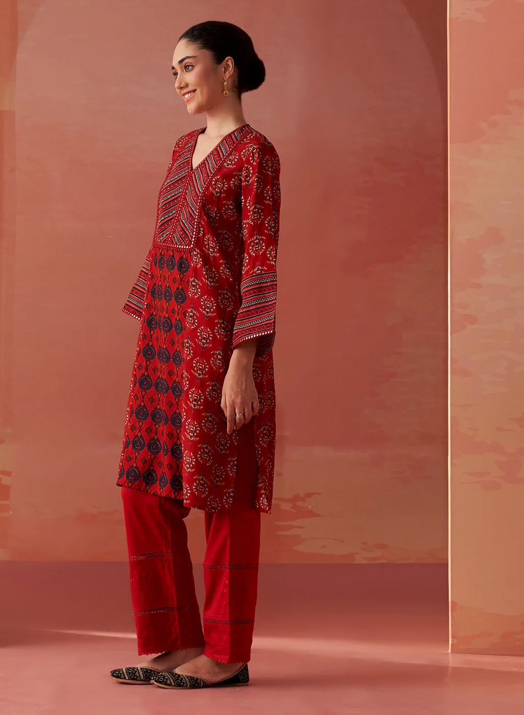 Arayna Red Printed Chanderi Kurta for Women