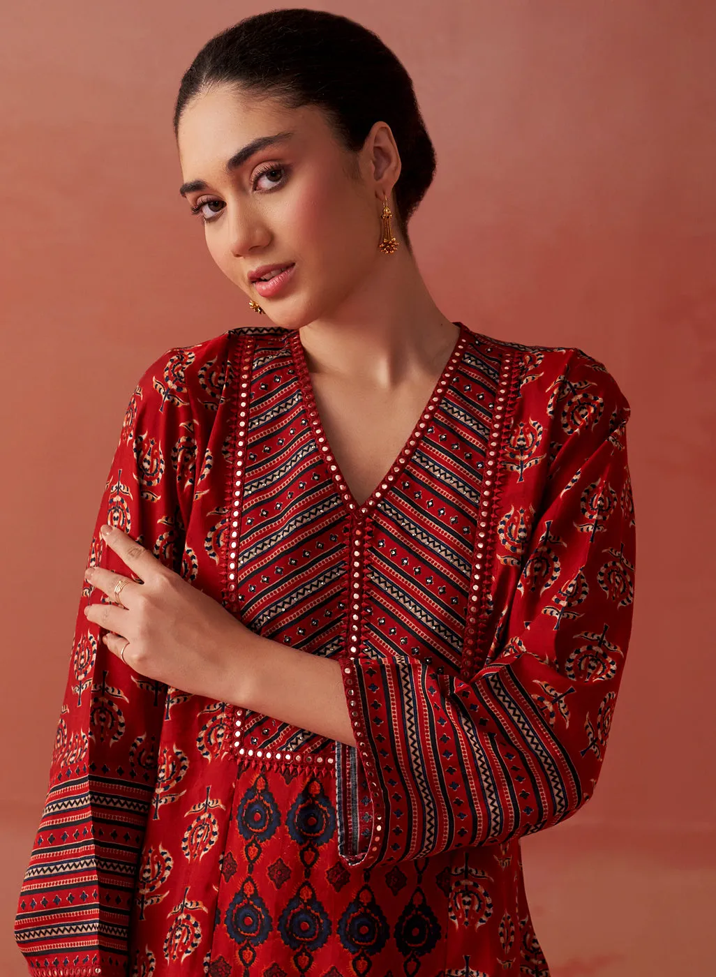 Arayna Red Printed Chanderi Kurta for Women
