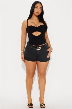 Audrina Waistband Tab Denim Shorts - Black Wash