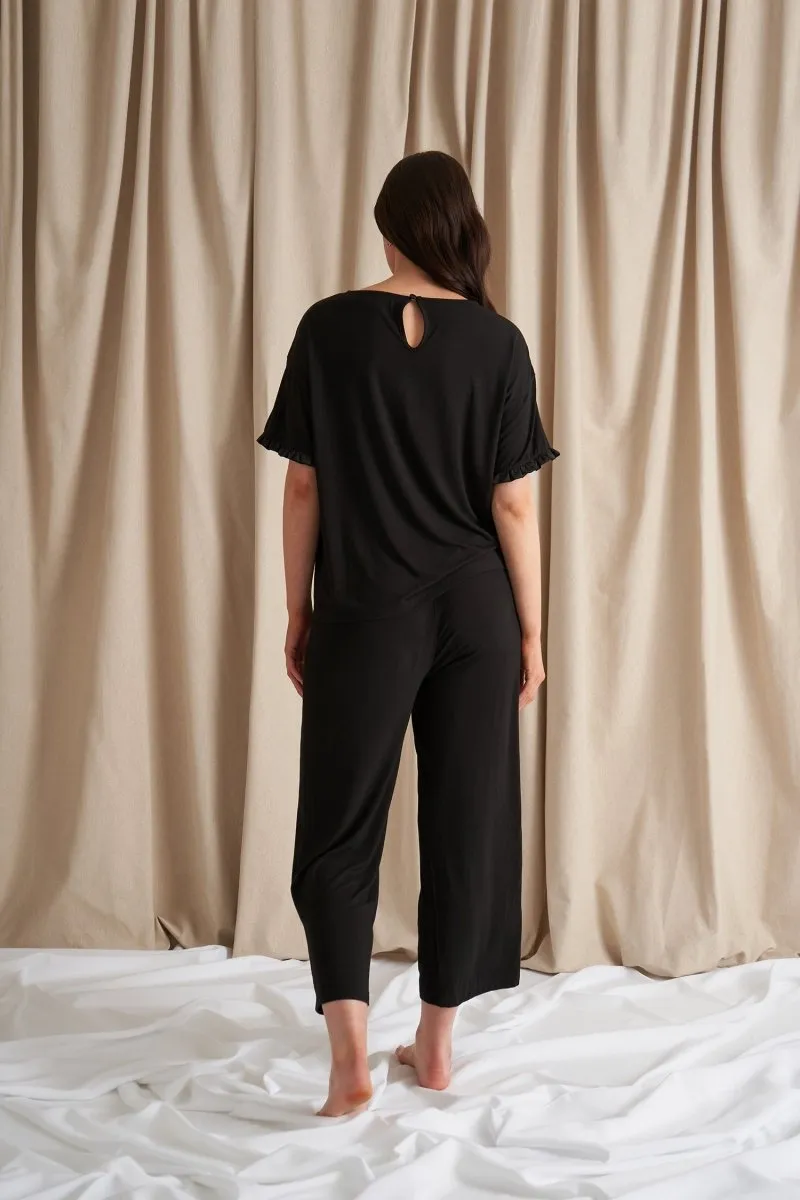 Bamboo Frill Tee Trouser Set in Black