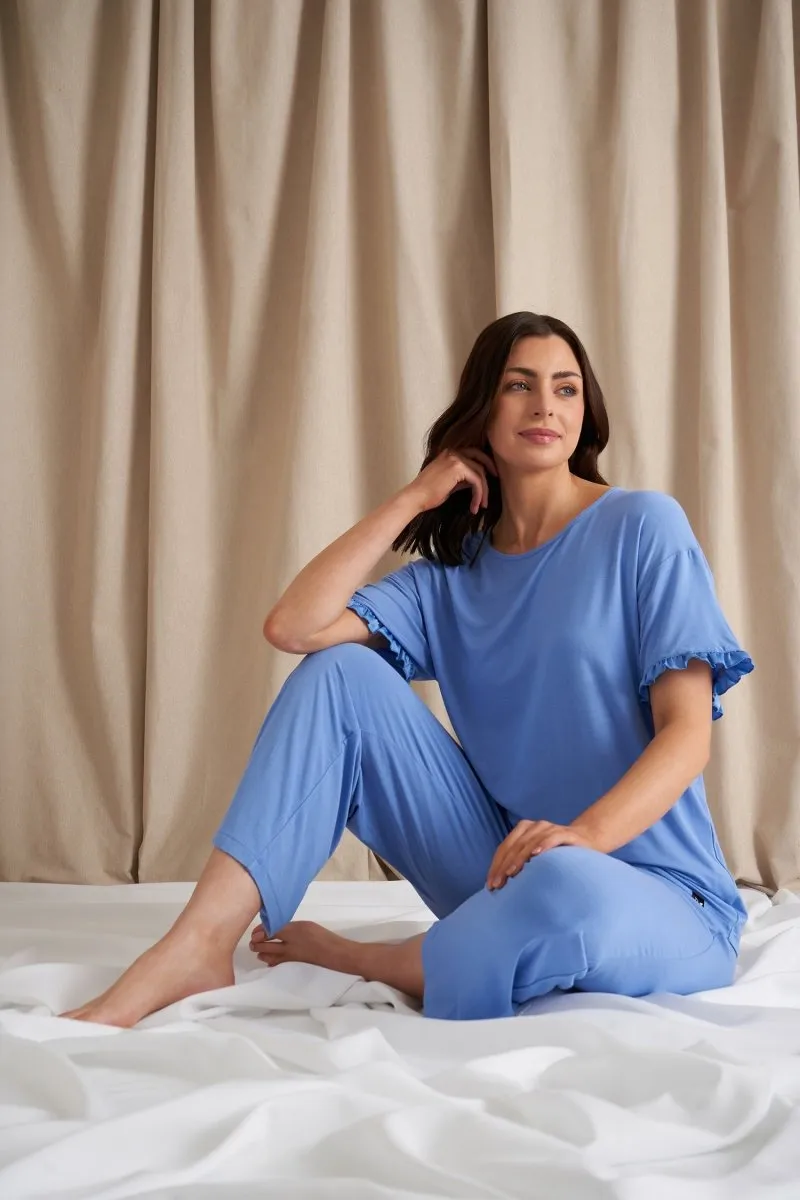 Bamboo Frill Tee Trouser Set in Cornflower Blue