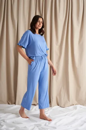 Bamboo Frill Tee Trouser Set in Cornflower Blue