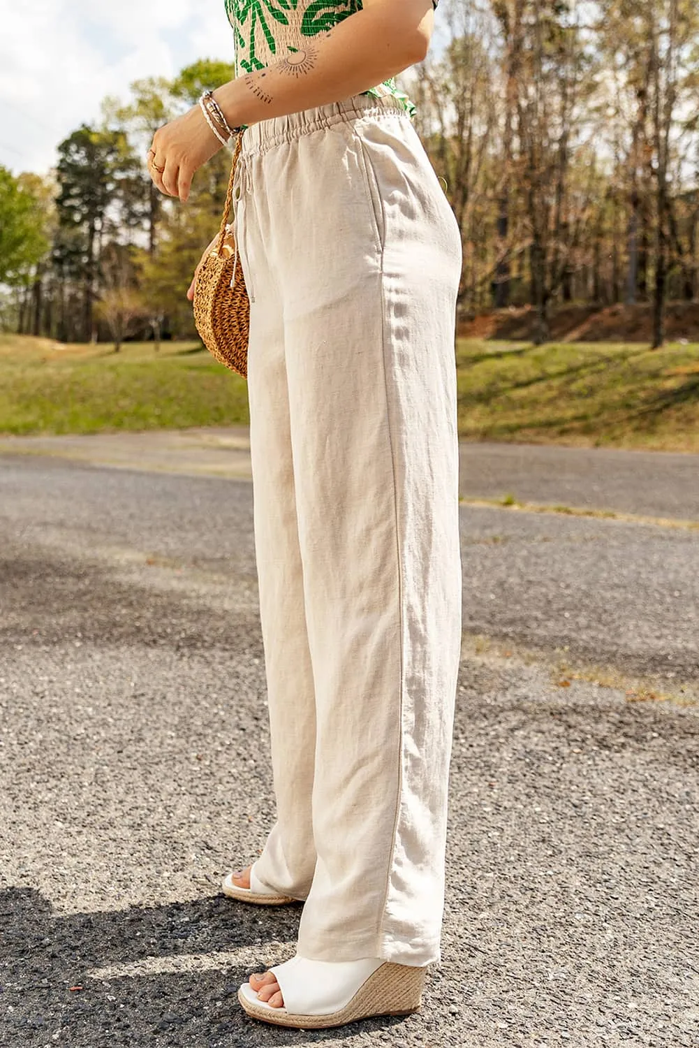 Casual Linen Drawstring Pants in Apricot