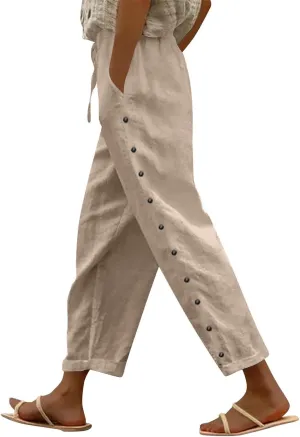 Cropped Pants Women Beach Vacation 2025 Drawstring Pant with Pockets Button Decorations High Waist Harem Summer Solid Joggers