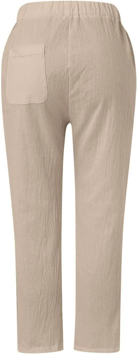 Cropped Pants Women Beach Vacation 2025 Drawstring Pant with Pockets Button Decorations High Waist Harem Summer Solid Joggers