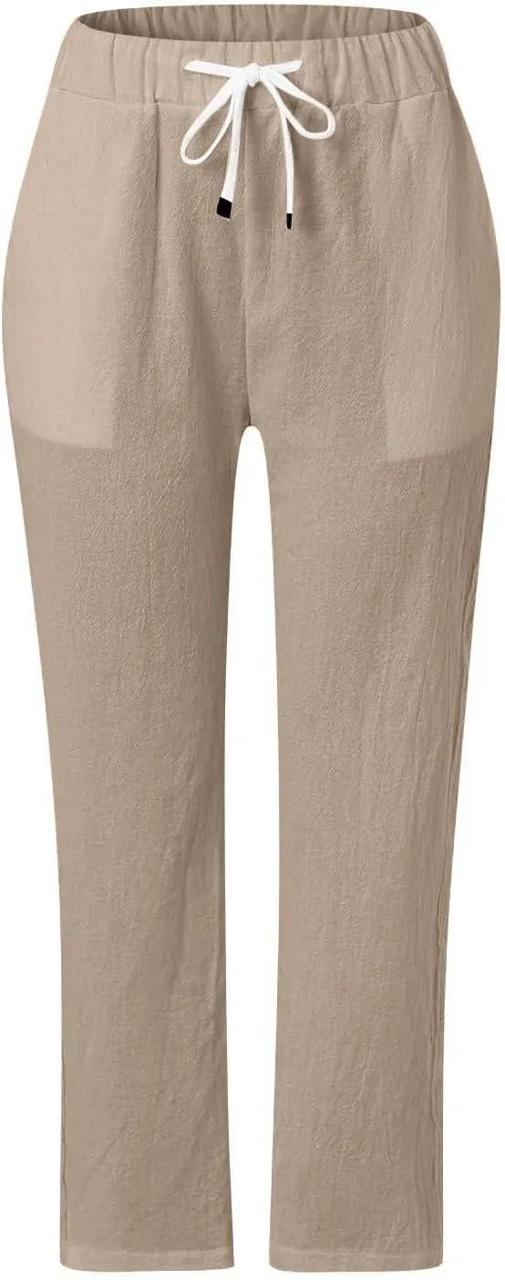 Cropped Pants Women Beach Vacation 2025 Drawstring Pant with Pockets Button Decorations High Waist Harem Summer Solid Joggers