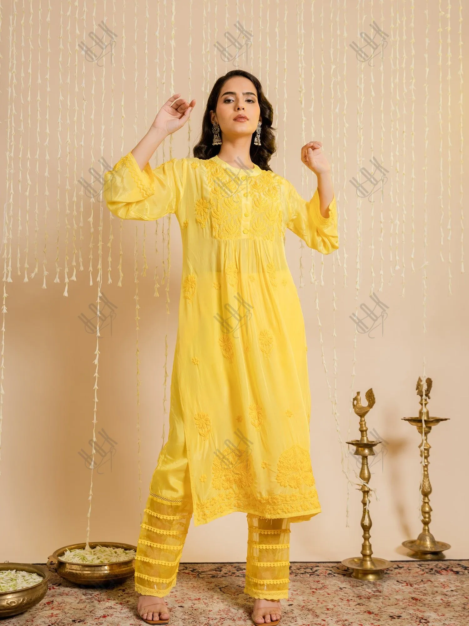 Fizaa Chikankari Crepe Silk Kurta for Women in Yellow Spraed Collar