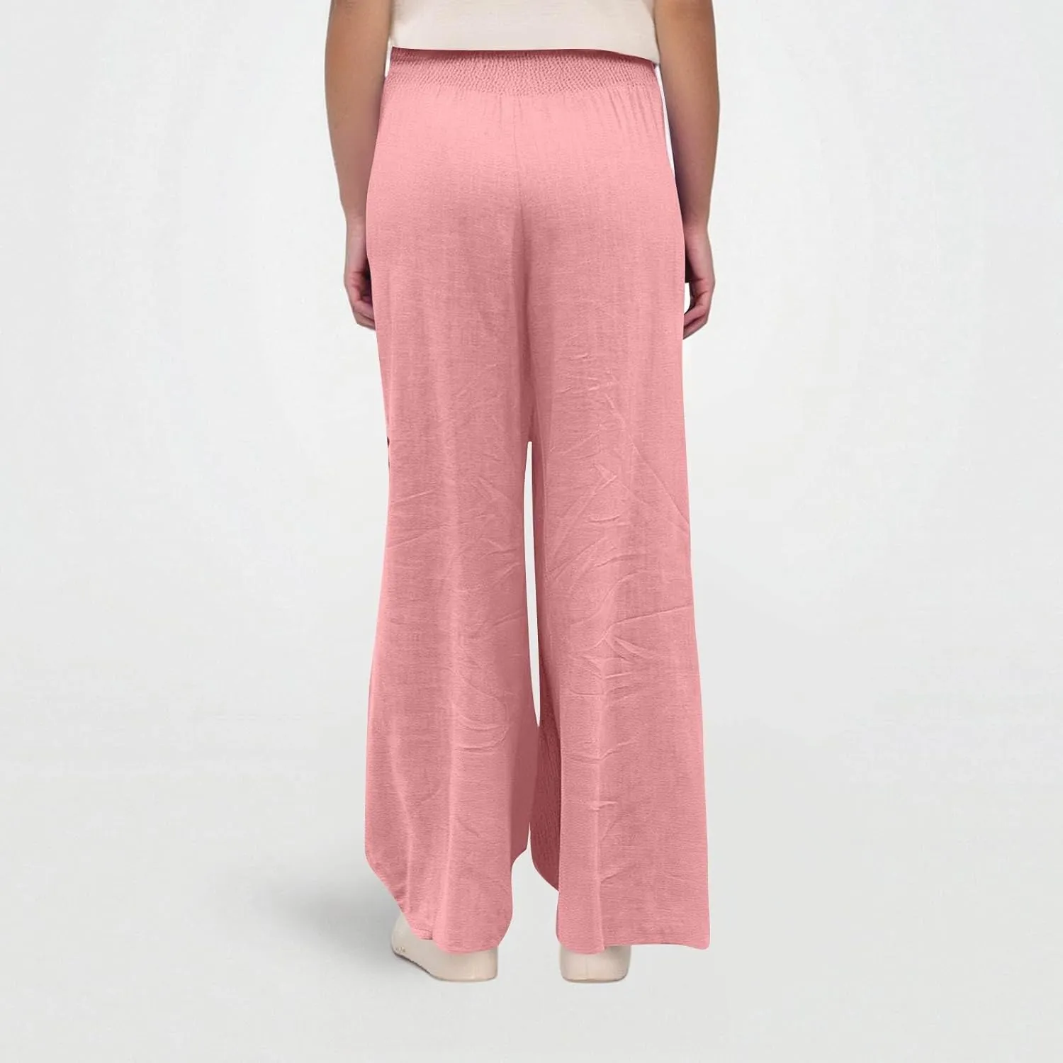 Lightweight Linen Pants Women Palazzo Pants Summer Smocked High Waisted Wide Leg Pant Fashion Trousers with Pockets