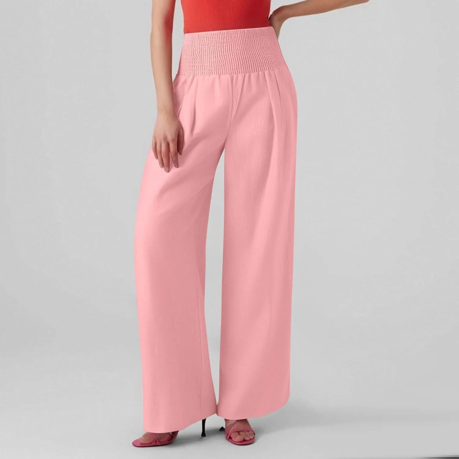 Lightweight Linen Pants Women Palazzo Pants Summer Smocked High Waisted Wide Leg Pant Fashion Trousers with Pockets