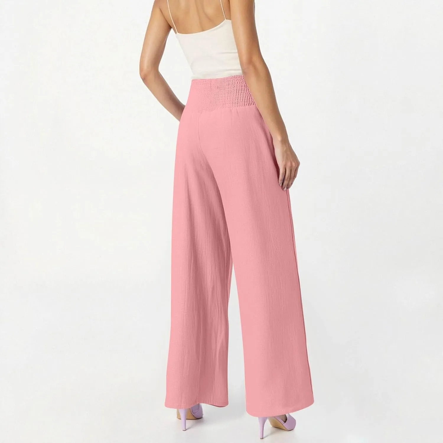 Lightweight Linen Pants Women Palazzo Pants Summer Smocked High Waisted Wide Leg Pant Fashion Trousers with Pockets