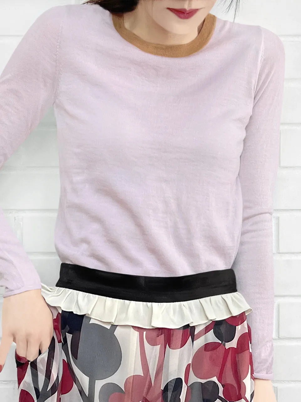 Lilac Pink Contrast Trim Merino Wool Jumper