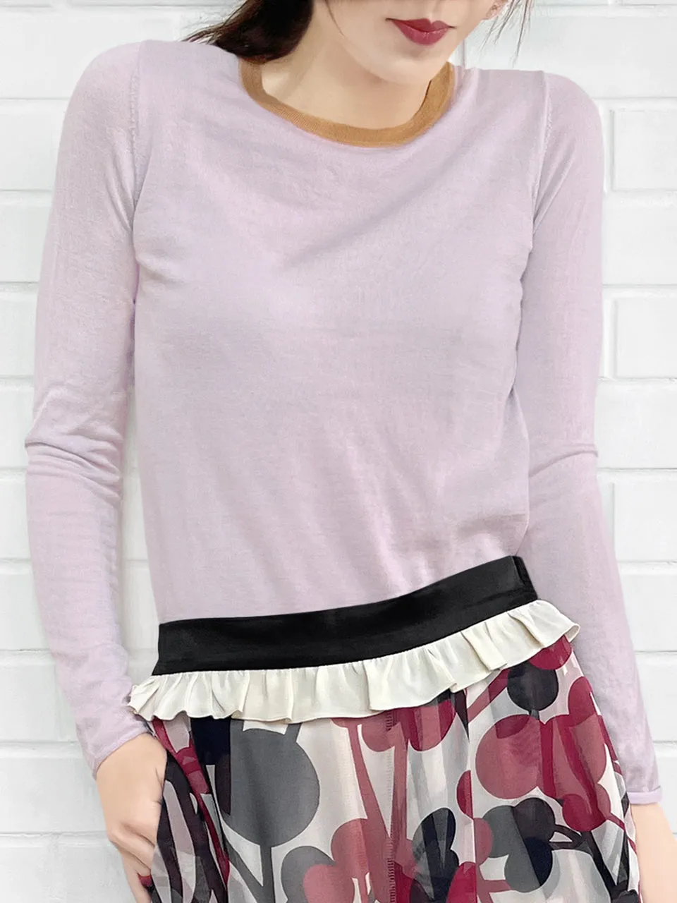 Lilac Pink Contrast Trim Merino Wool Jumper