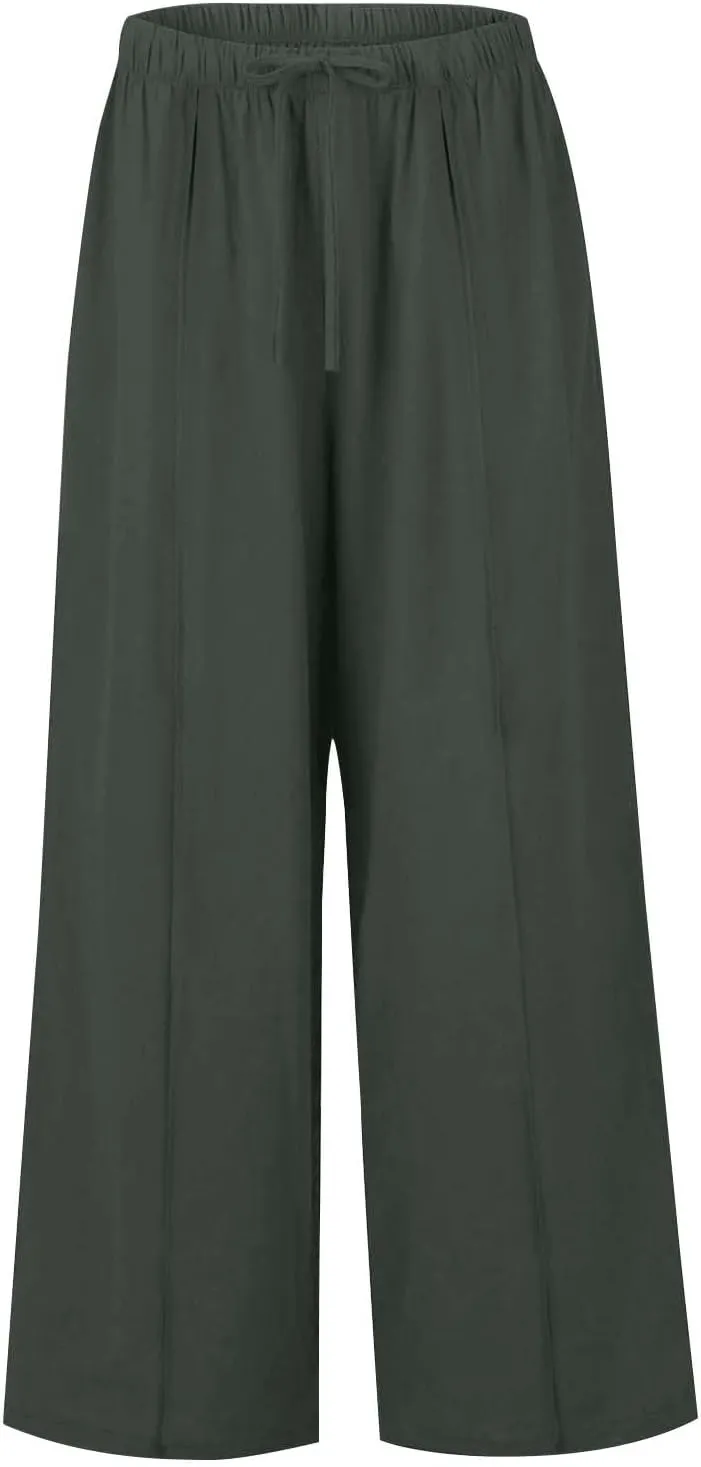 Linen Pants Women Summer Wide Leg Pants Drawstring Elastic Waist Pants High Waisted Pants Casual Beach Trousers
