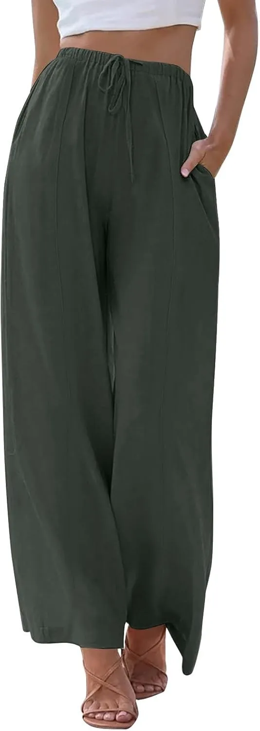 Linen Pants Women Summer Wide Leg Pants Drawstring Elastic Waist Pants High Waisted Pants Casual Beach Trousers