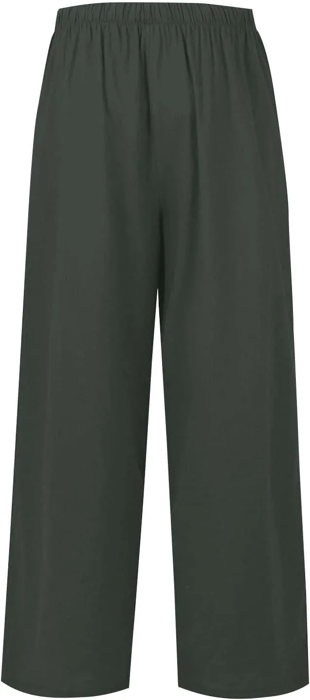 Linen Pants Women Summer Wide Leg Pants Drawstring Elastic Waist Pants High Waisted Pants Casual Beach Trousers
