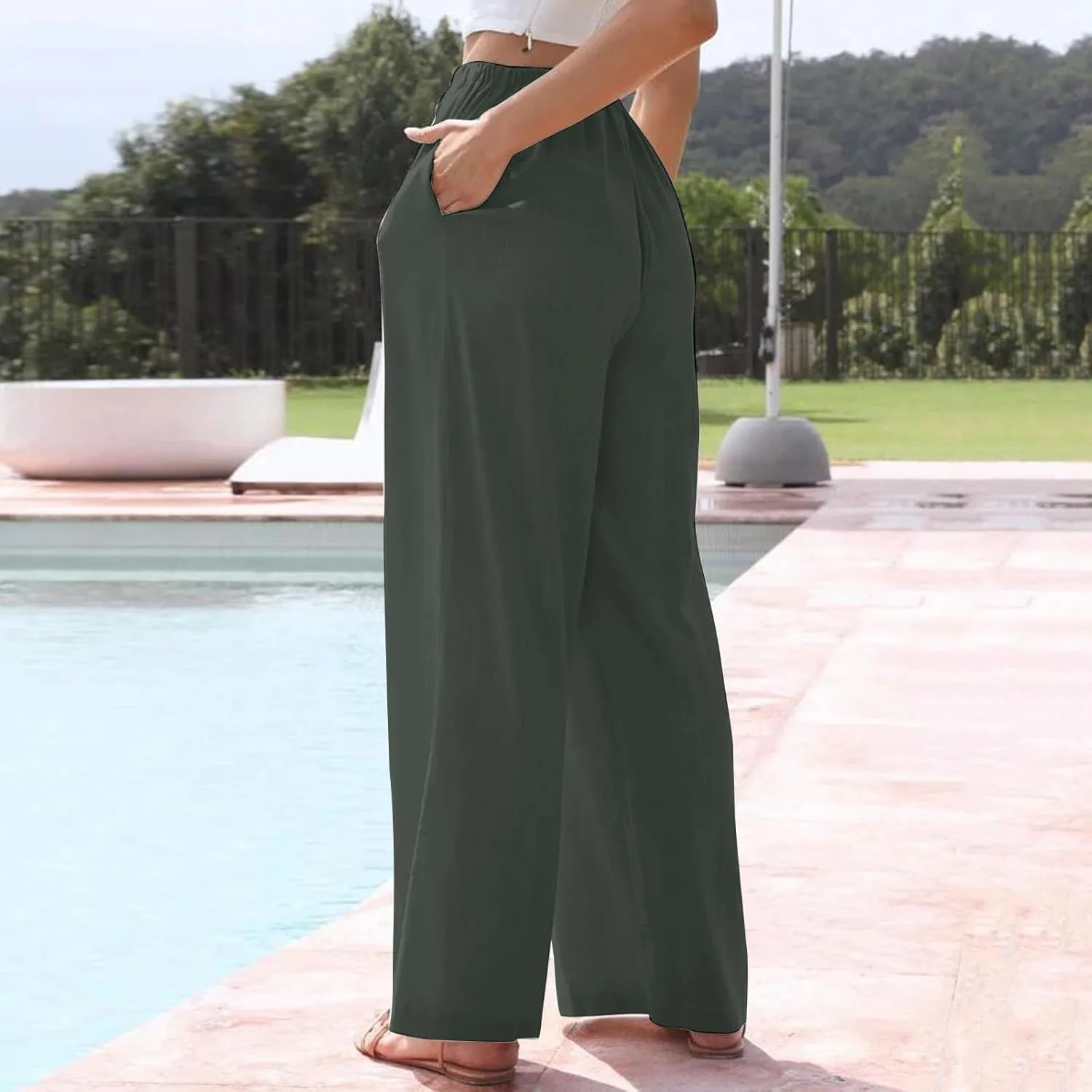Linen Pants Women Summer Wide Leg Pants Drawstring Elastic Waist Pants High Waisted Pants Casual Beach Trousers