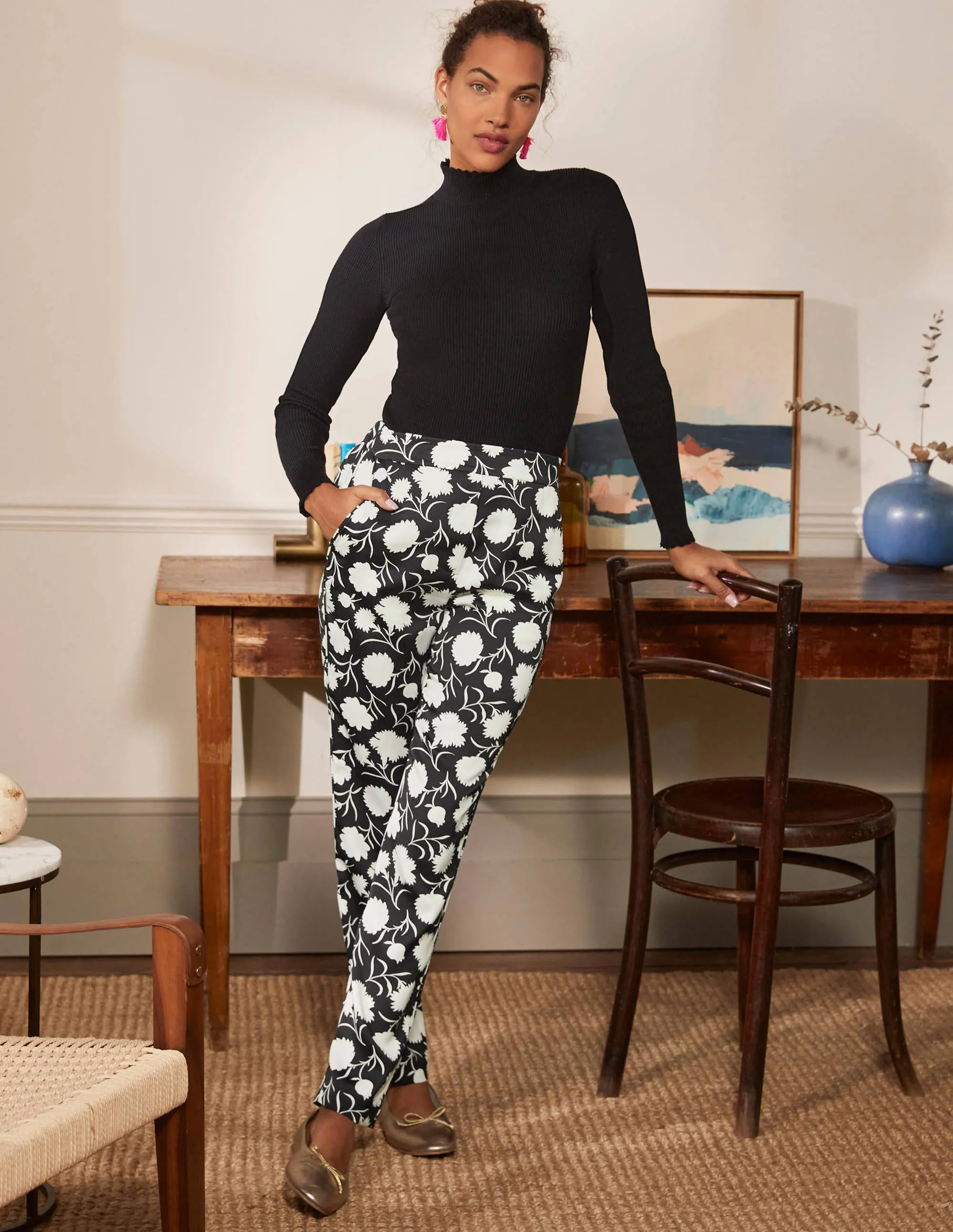 Ludlow Satin Trousers-Black, Leafy Bud