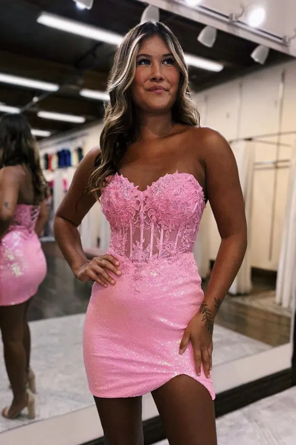 Luolandi Bodycon Sparkly Sequin Strapless Short Homecoming Dress with Split Off Shoulder