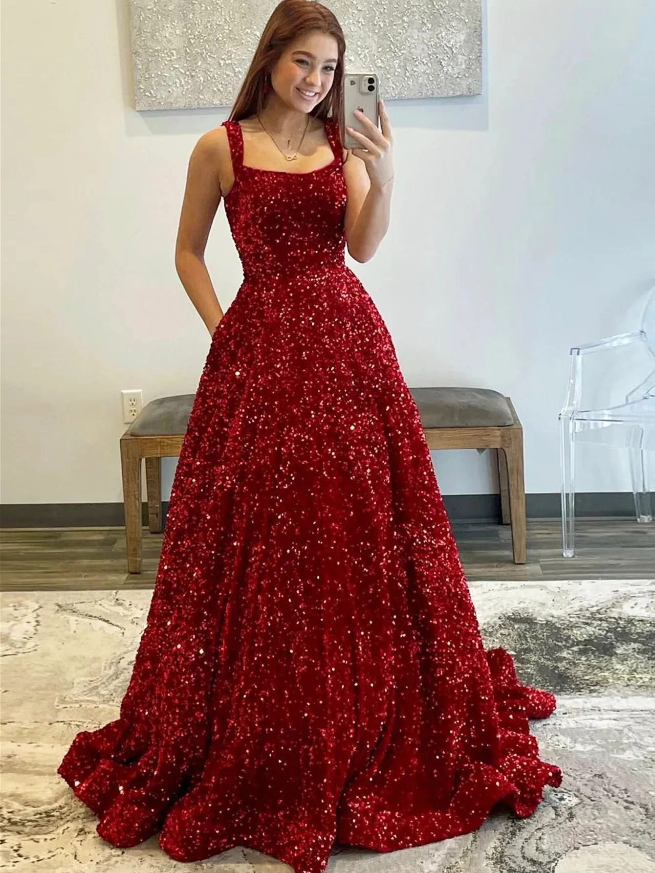 Luolandi Burgundy Sequin Sparkly A Line Long Prom Dress Sexy Evening Dress