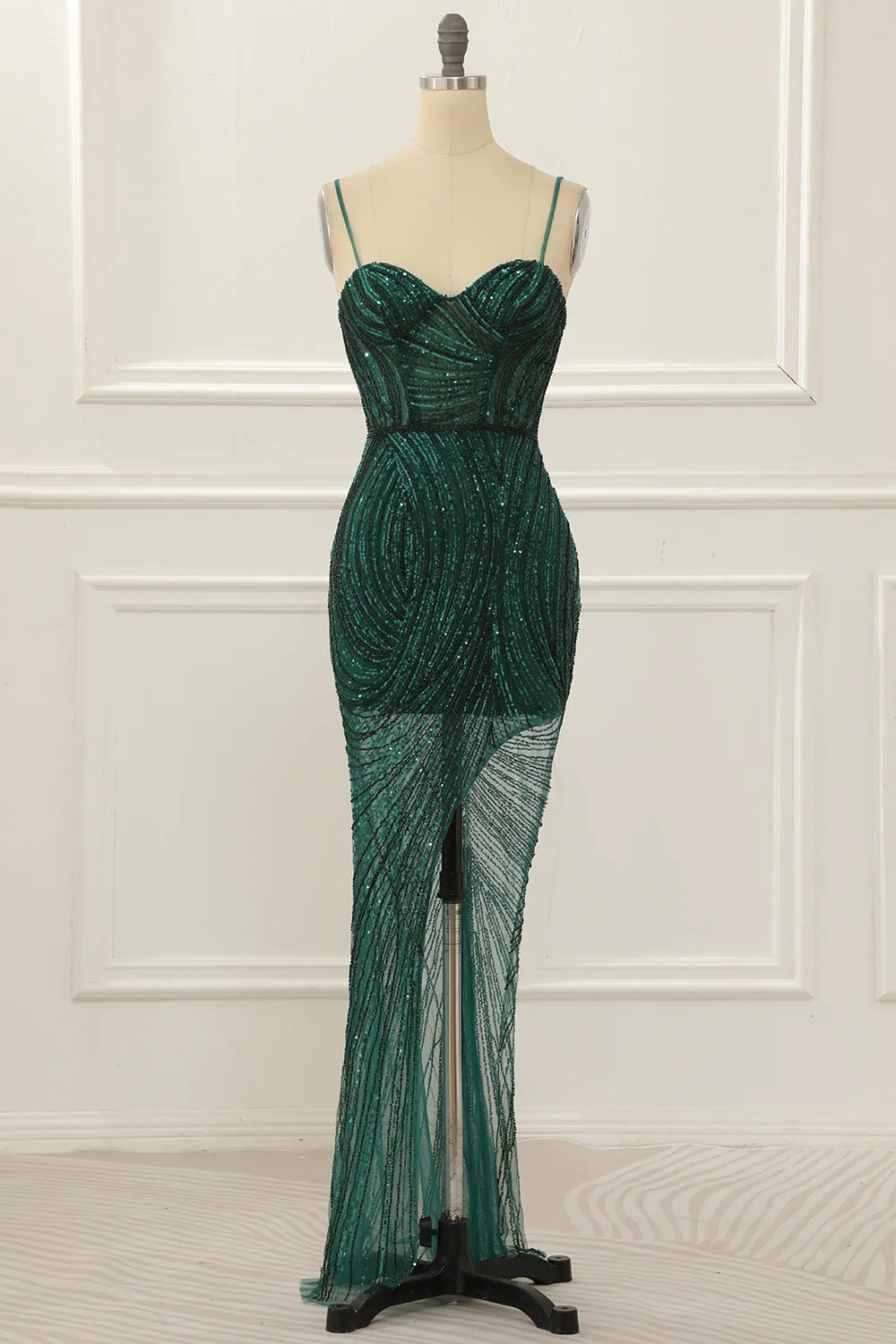 Luolandi Dark Green Sequin Sparkly Prom Dress With Slit Sexy Evening Dress