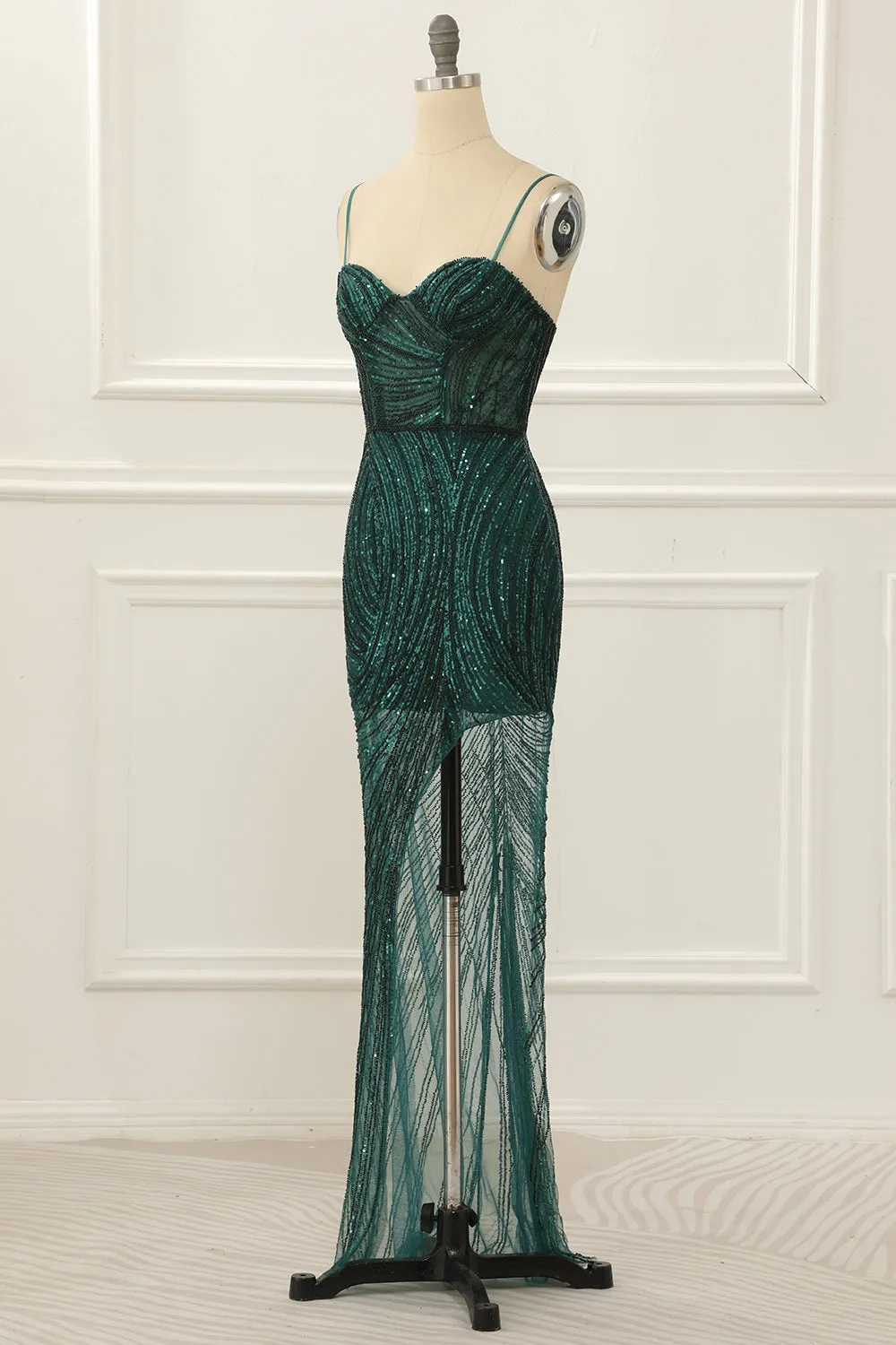 Luolandi Dark Green Sequin Sparkly Prom Dress With Slit Sexy Evening Dress
