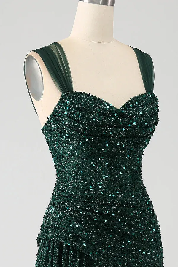 Luolandi Dark Green Sheath Sparkly Sequin Pleated Long Prom Dress With Split Evening Dress