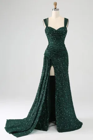 Luolandi Dark Green Sheath Sparkly Sequin Pleated Long Prom Dress With Split Evening Dress