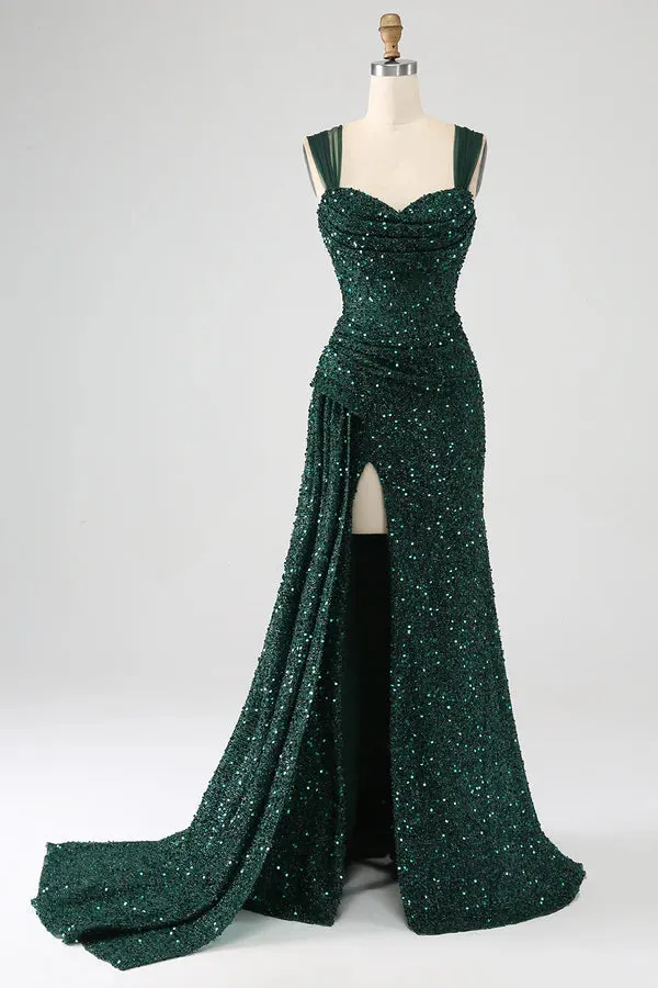 Luolandi Dark Green Sheath Sparkly Sequin Pleated Long Prom Dress With Split Evening Dress