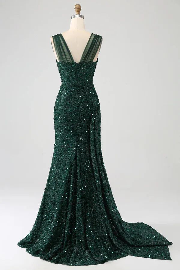 Luolandi Dark Green Sheath Sparkly Sequin Pleated Long Prom Dress With Split Evening Dress