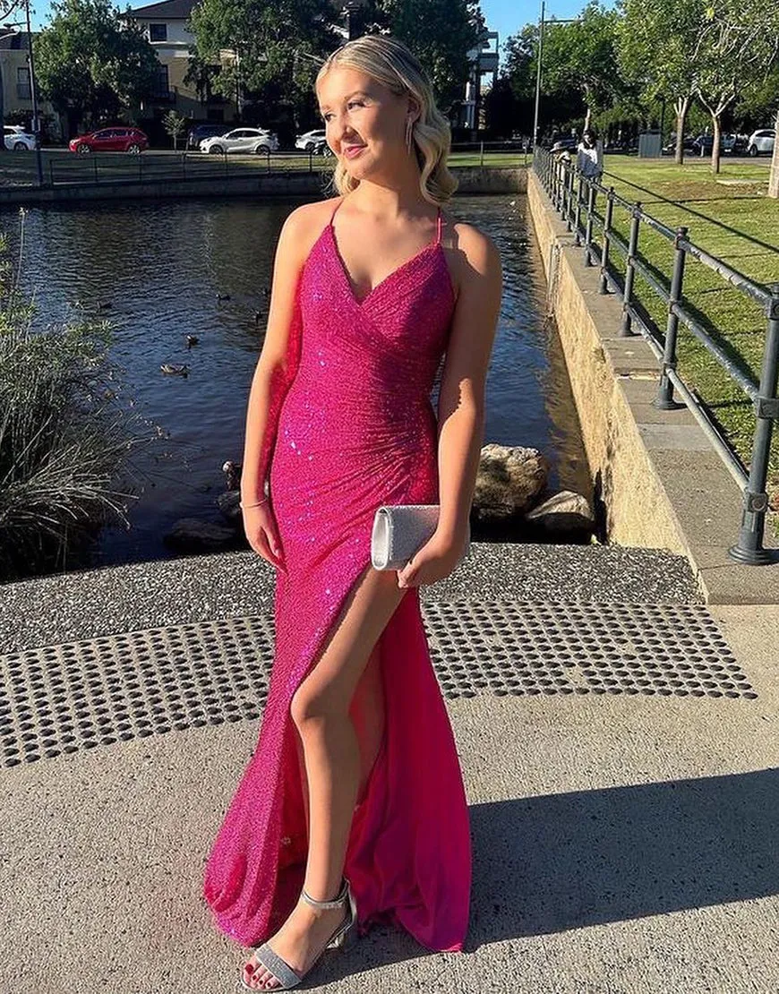 Luolandi Fuchsia Sparkly Spaghetti Straps Mermaid Sequin Long Prom Dress With Slit Sexy Evening Dress