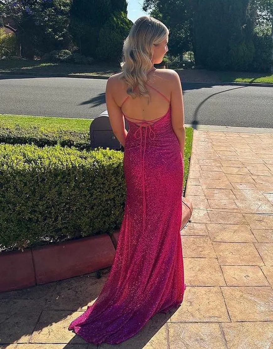 Luolandi Fuchsia Sparkly Spaghetti Straps Mermaid Sequin Long Prom Dress With Slit Sexy Evening Dress