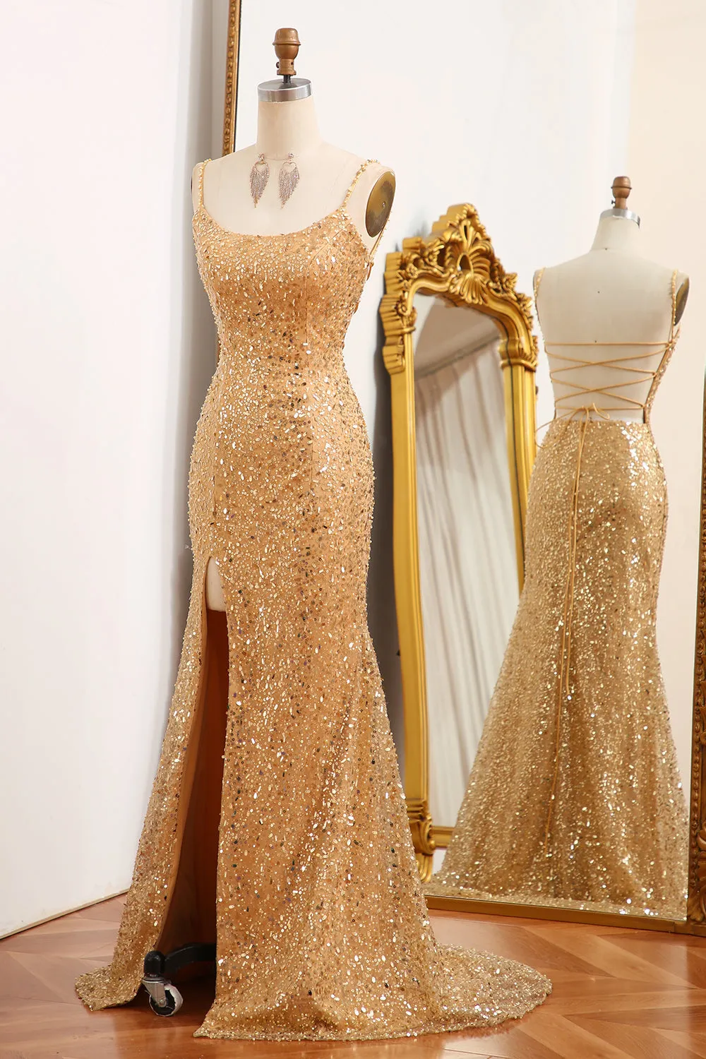 Luolandi Golden Mermaid Spaghetti Straps Sparkly Sequin Prom Dress With Slit Sexy Evening Dresses