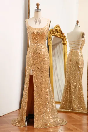 Luolandi Golden Mermaid Spaghetti Straps Sparkly Sequin Prom Dress With Slit Sexy Evening Dresses