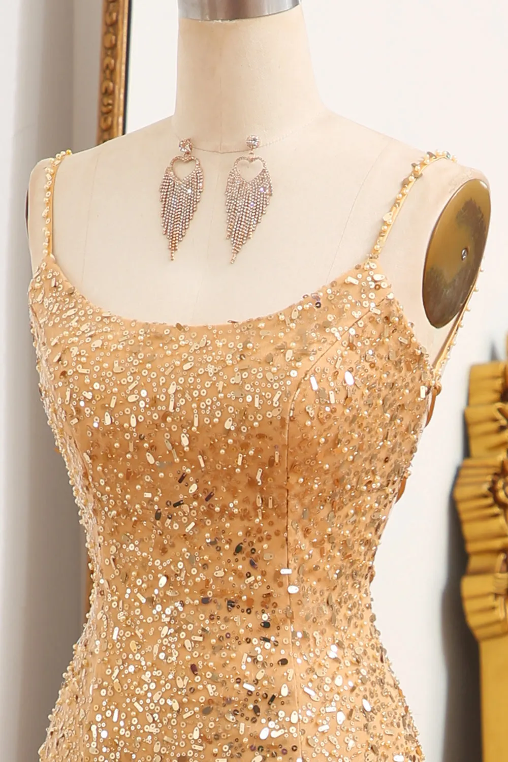 Luolandi Golden Mermaid Spaghetti Straps Sparkly Sequin Prom Dress With Slit Sexy Evening Dresses