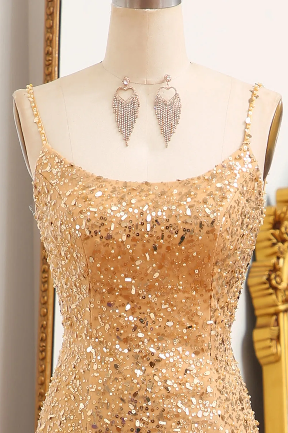 Luolandi Golden Mermaid Spaghetti Straps Sparkly Sequin Prom Dress With Slit Sexy Evening Dresses