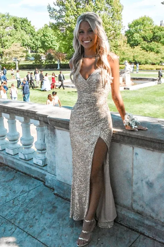Luolandi Light Champagne Sequin Prom Dress Sparkly Evening Dress Sexy Formal Dress With Slit