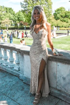 Luolandi Light Champagne Sequin Prom Dress Sparkly Evening Dress Sexy Formal Dress With Slit