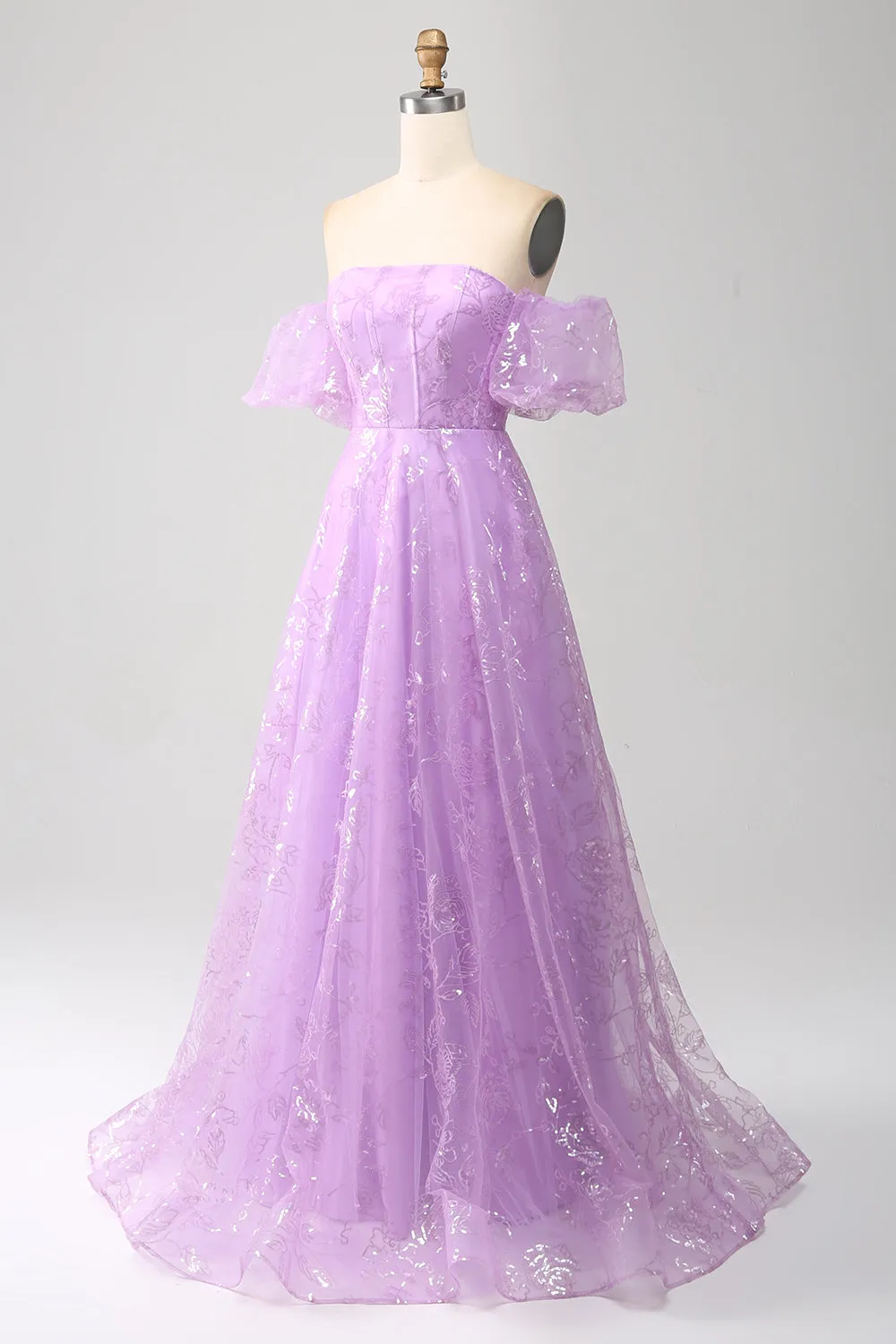 Luolandi Lilac A Line Strapless Sparkly Sequin Long Prom Dress Off Shoulder Beautiful