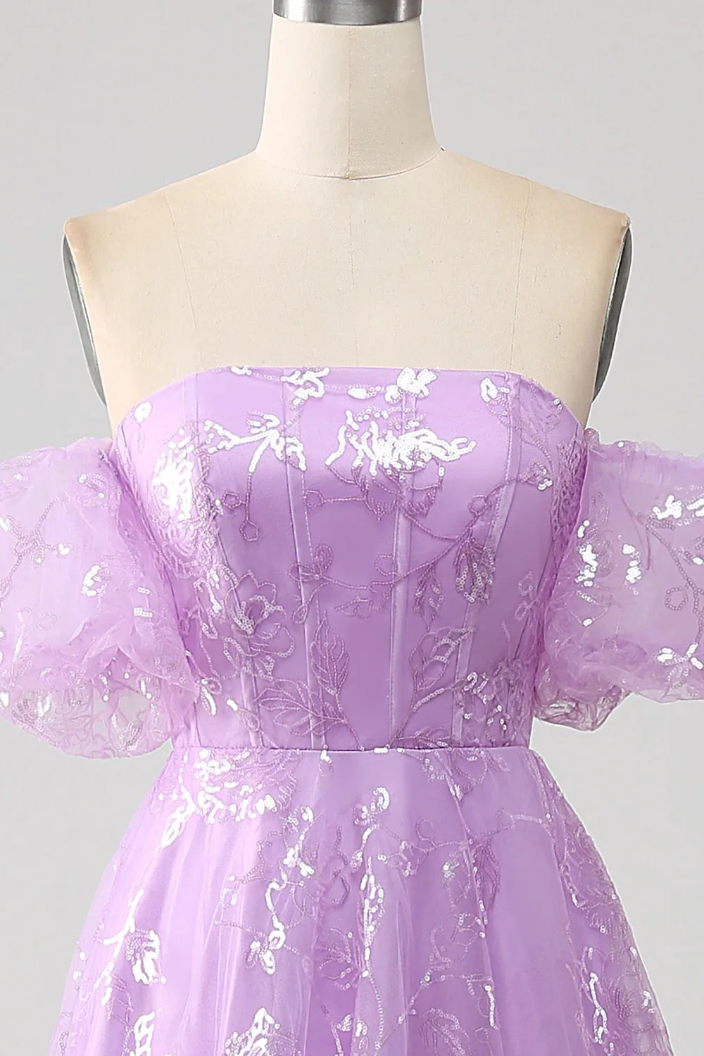 Luolandi Lilac A Line Strapless Sparkly Sequin Long Prom Dress Off Shoulder Beautiful