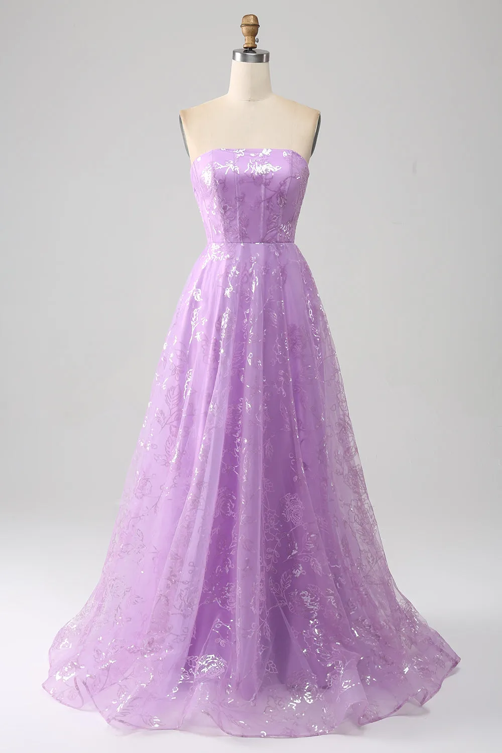 Luolandi Lilac A Line Strapless Sparkly Sequin Long Prom Dress Off Shoulder Beautiful