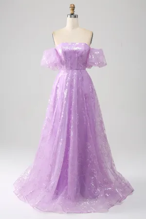 Luolandi Lilac A Line Strapless Sparkly Sequin Long Prom Dress Off Shoulder Beautiful