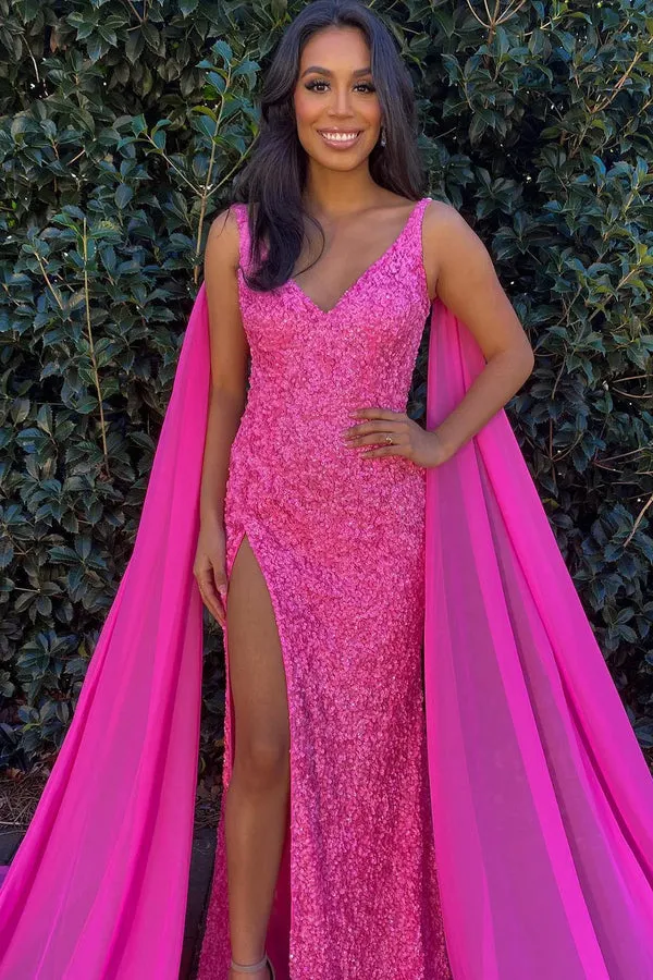 Luolandi Mermaid V Neck Sequin Prom Dress with Slit Sparkly Solid Color Sexy Evening Dress