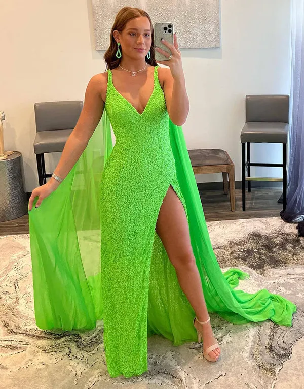 Luolandi Mermaid V Neck Sequin Prom Dress with Slit Sparkly Solid Color Sexy Evening Dress