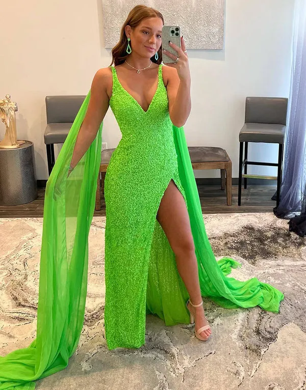 Luolandi Mermaid V Neck Sequin Prom Dress with Slit Sparkly Solid Color Sexy Evening Dress
