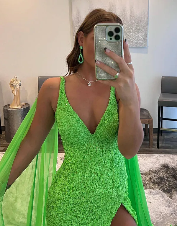 Luolandi Mermaid V Neck Sequin Prom Dress with Slit Sparkly Solid Color Sexy Evening Dress